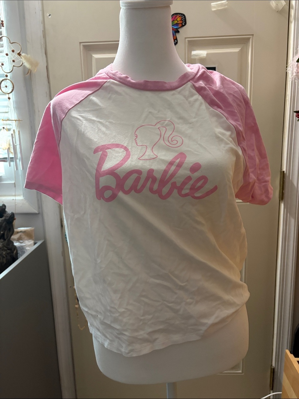 Barbie White and Light Pink Raglan Logo Tee